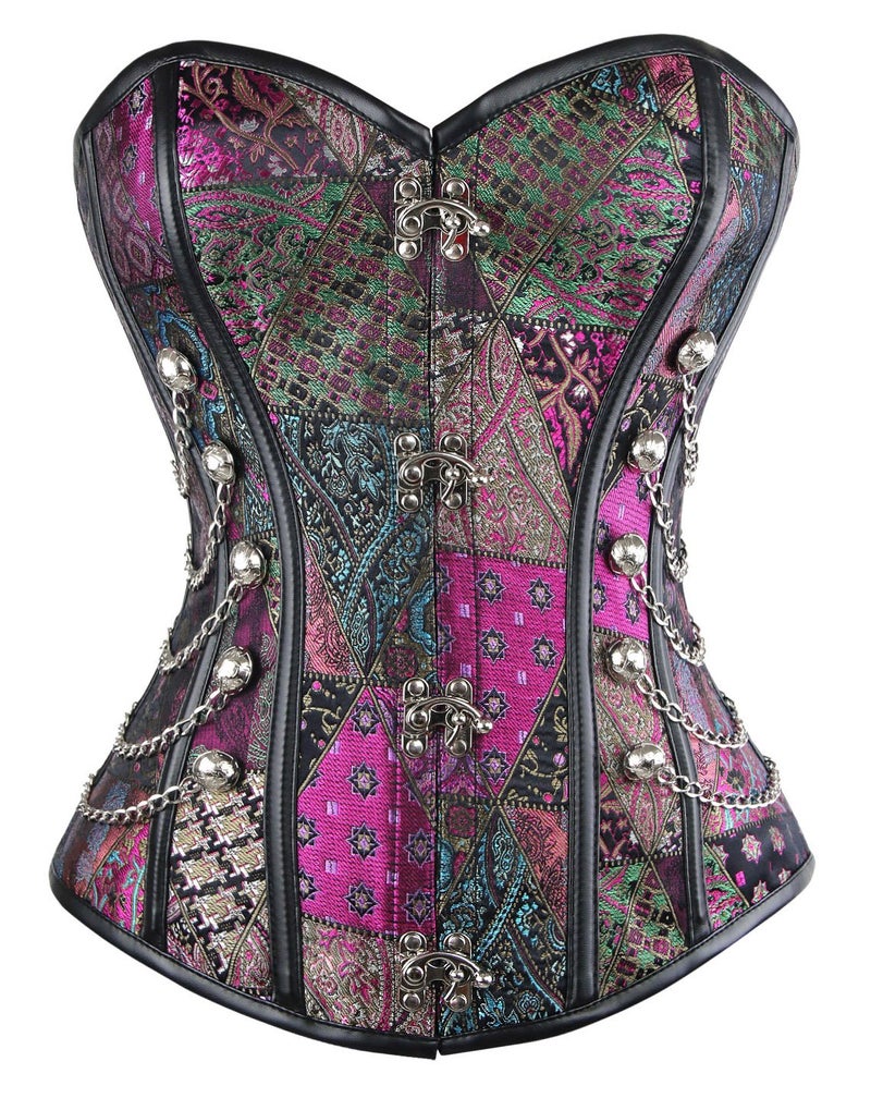 Charmian Women's Steampunk Gothic Spiral Steel Boned Brocade Waist Cincher Overbust Corset with Chains Purple XXX-Large - Image 1